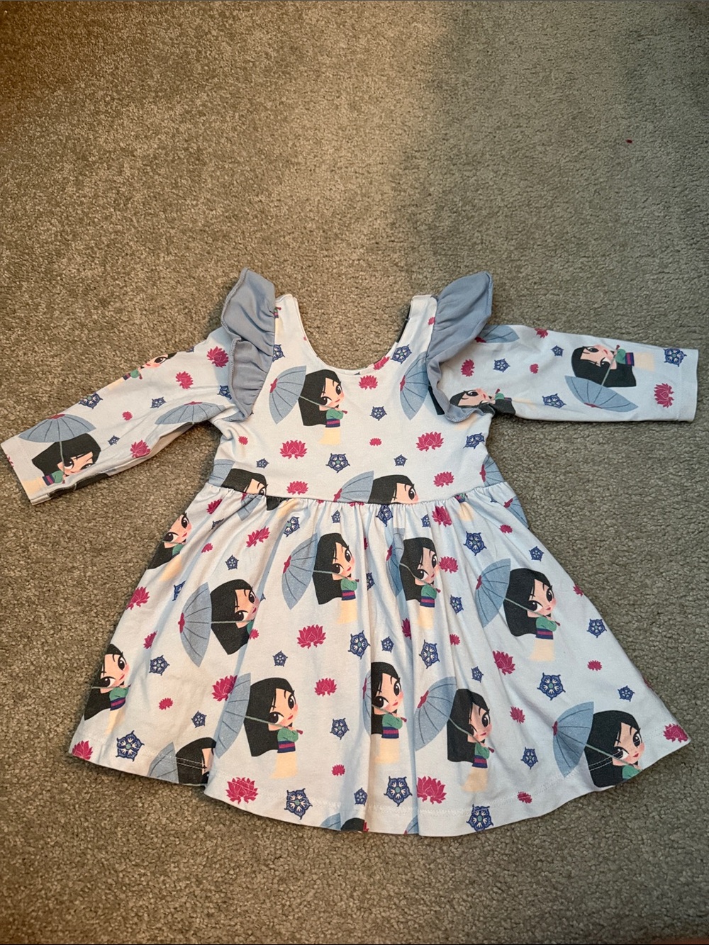 Girls Ruffle Sleeve Blue Mulan Print Twirl Dress